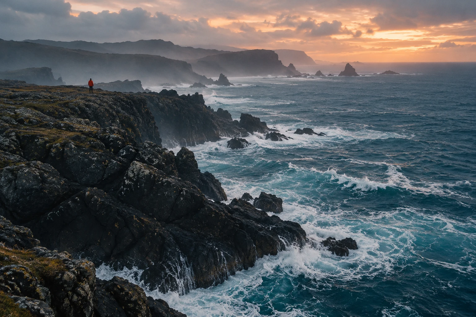 An expansive Atlantic coastline at dusk with a small figure in red