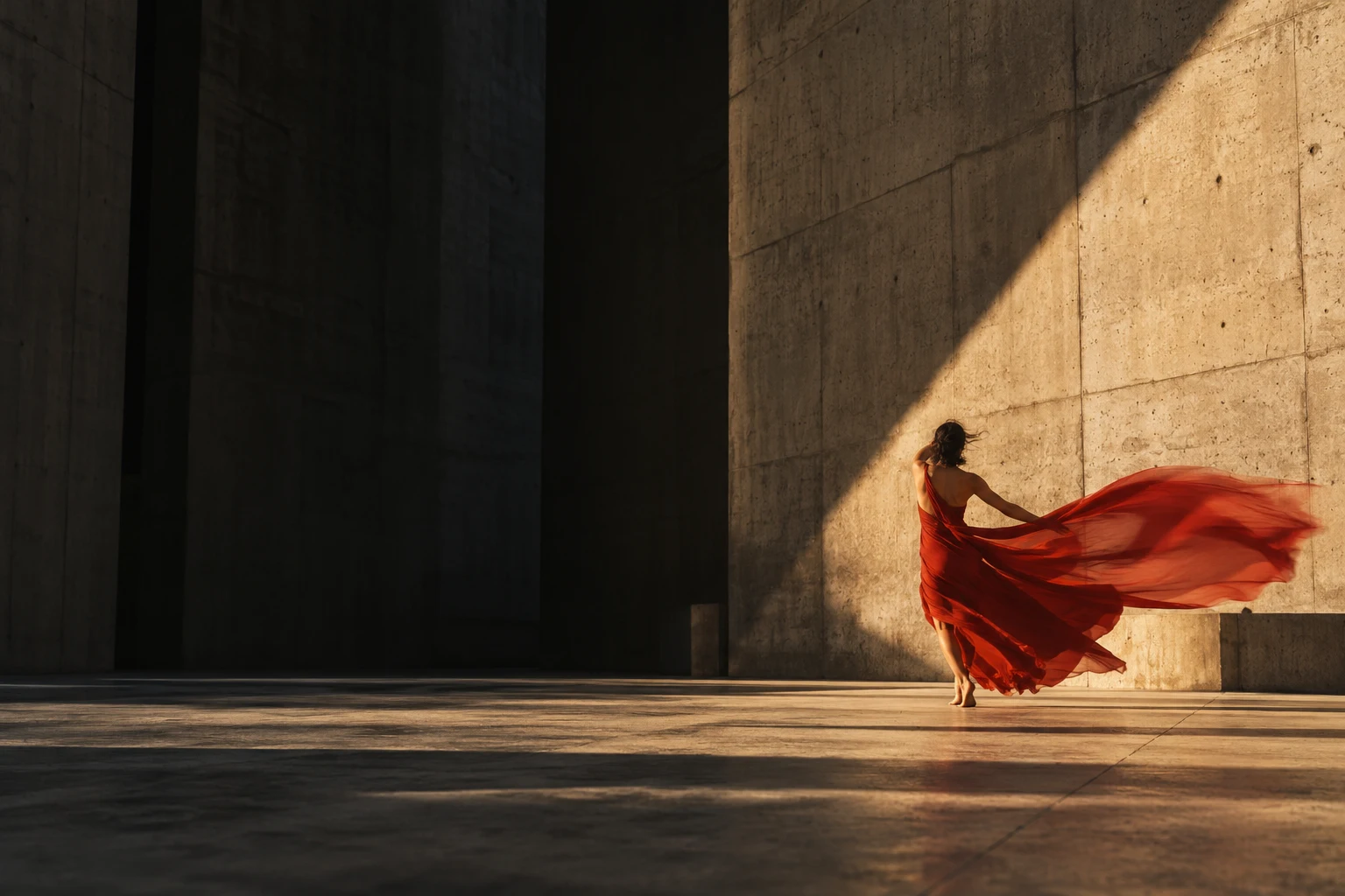 A dancer in red fabric moving through a sunlit concrete courtyard, an AI-generated visual study