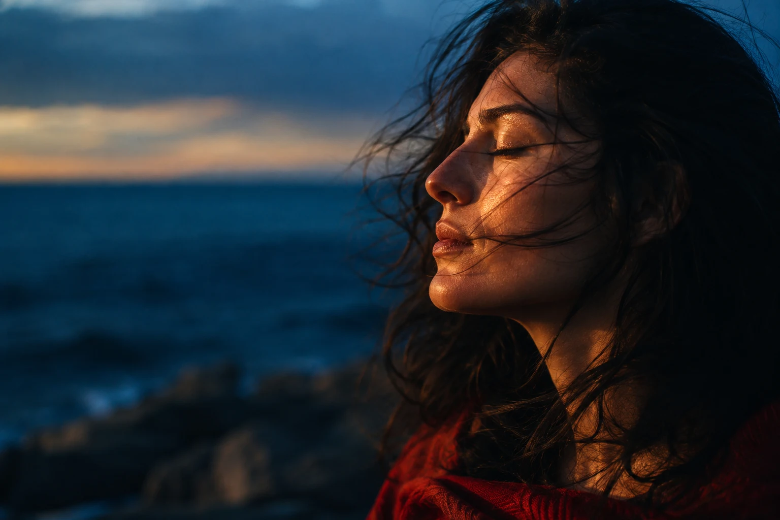 A cinematic portrait by the sea, warm light crossing a woman's face